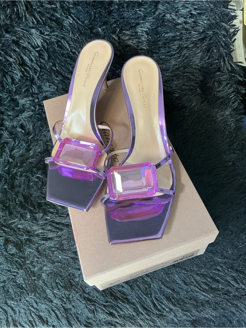 *Brand New* Gianvito Rossi Iridescent Purple Slide Heels with Lucite Buckle
